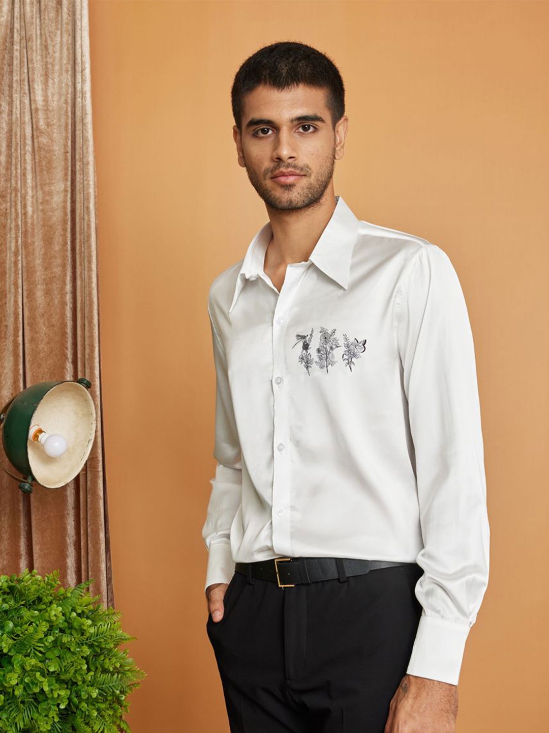 

CLUBHAVANA Monochrome Blossoms Comfort Fit Floral Printed Premium Soft Satin Casual Shirt, White