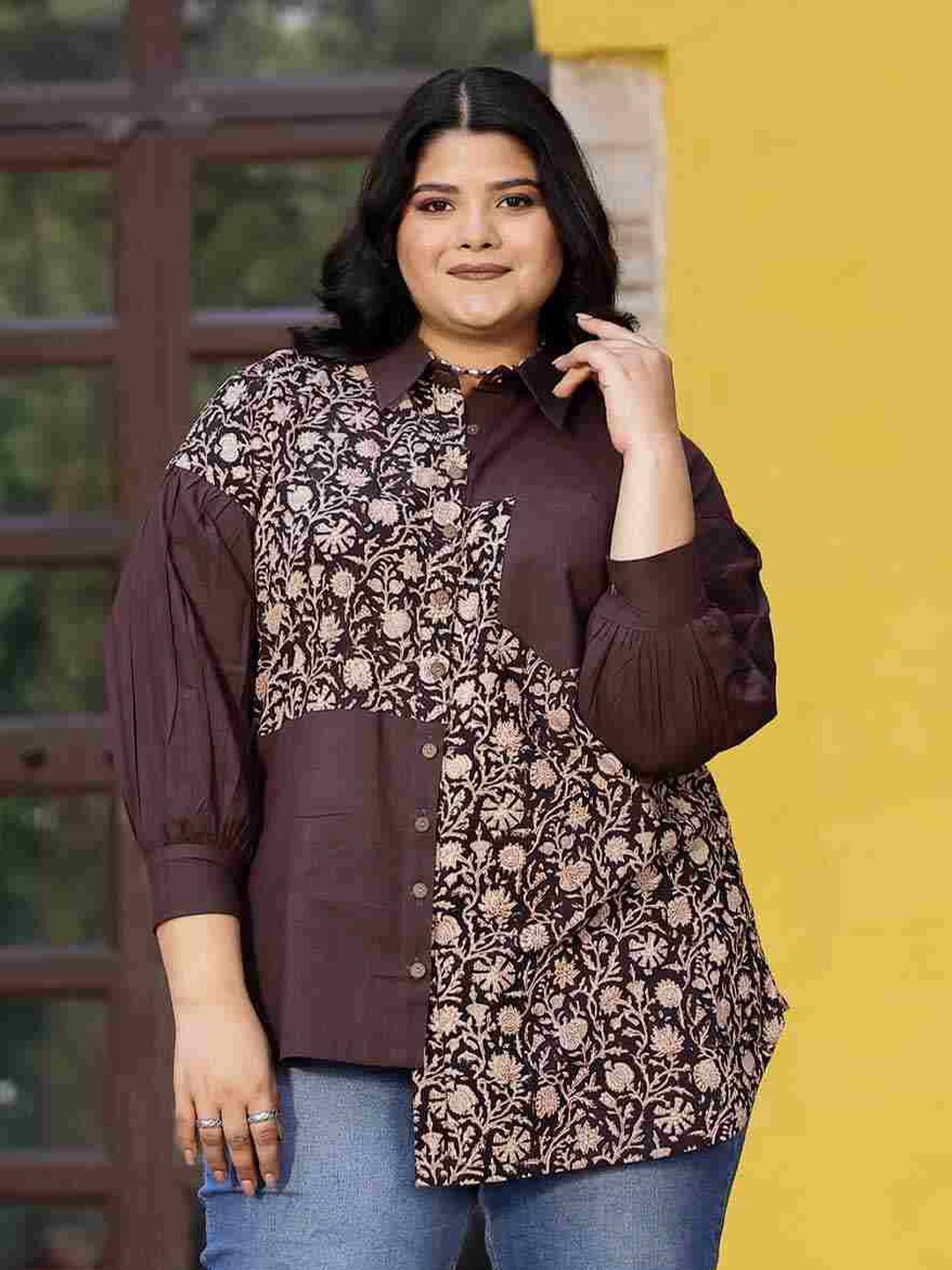 

The Plus Size Store by Meera Creations Women Floral Printed Organic Cotton Casual Shirt, Coffee brown