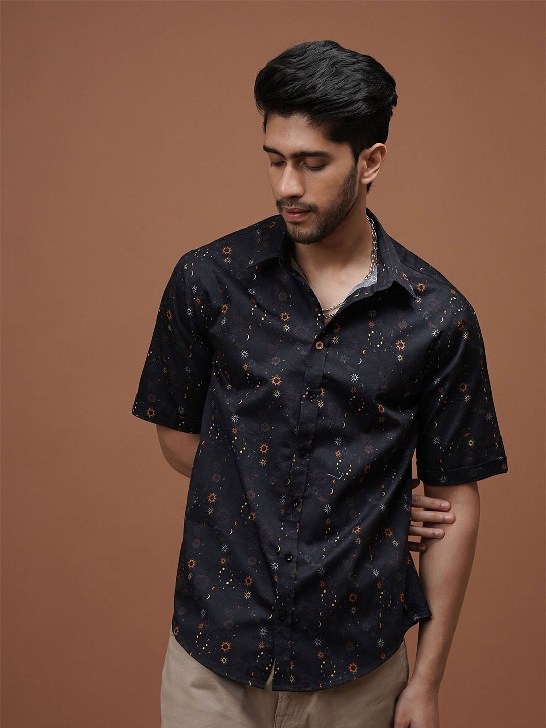 

CLUBHAVANA Comfort Fit Celestial Dreams Printed Spread Collar Cotton Casual Shirt, Black