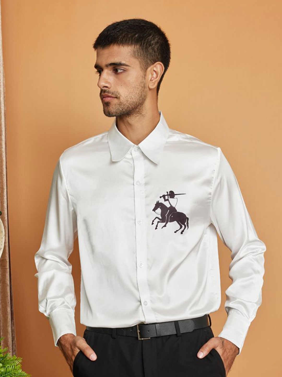 

CLUBHAVANA Warrior Ride Comfort Fit Graphic Printed Premium Soft Satin Casual Shirt, White