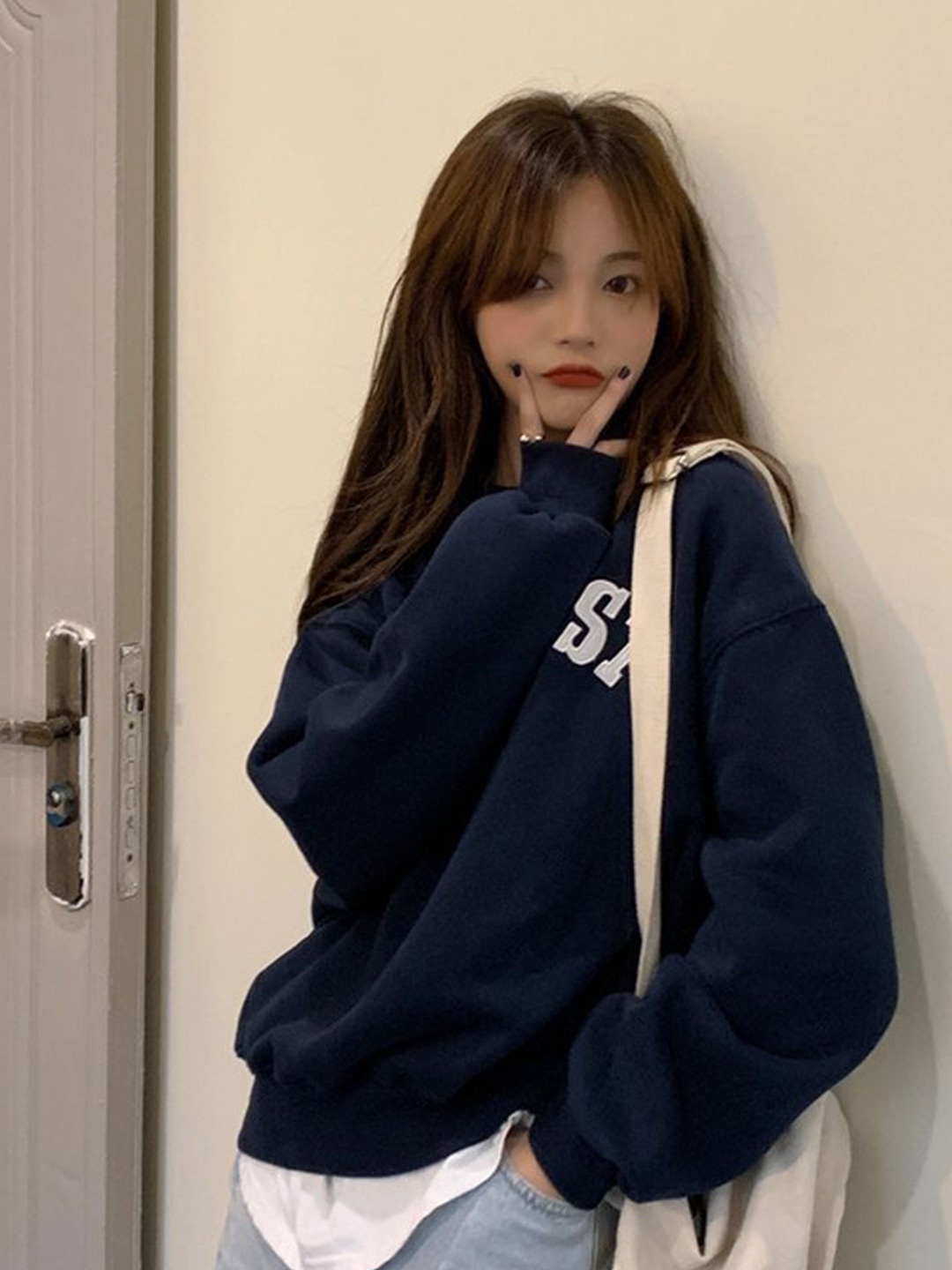 

LULU & SKY Women Typography Printed Pullover Sweatshirt, Navy blue