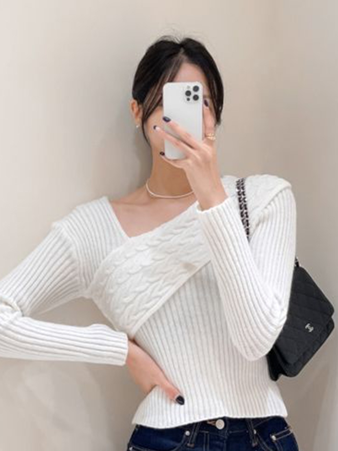 

LULU & SKY WomenRibbed fwd Free Size Knitted Jumper, White