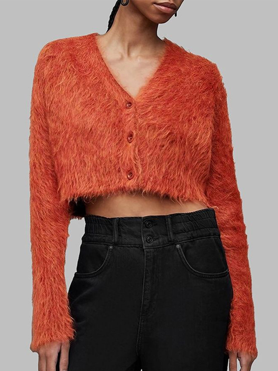 

LULU & SKY Women V-neck Crop Cardigan, Orange
