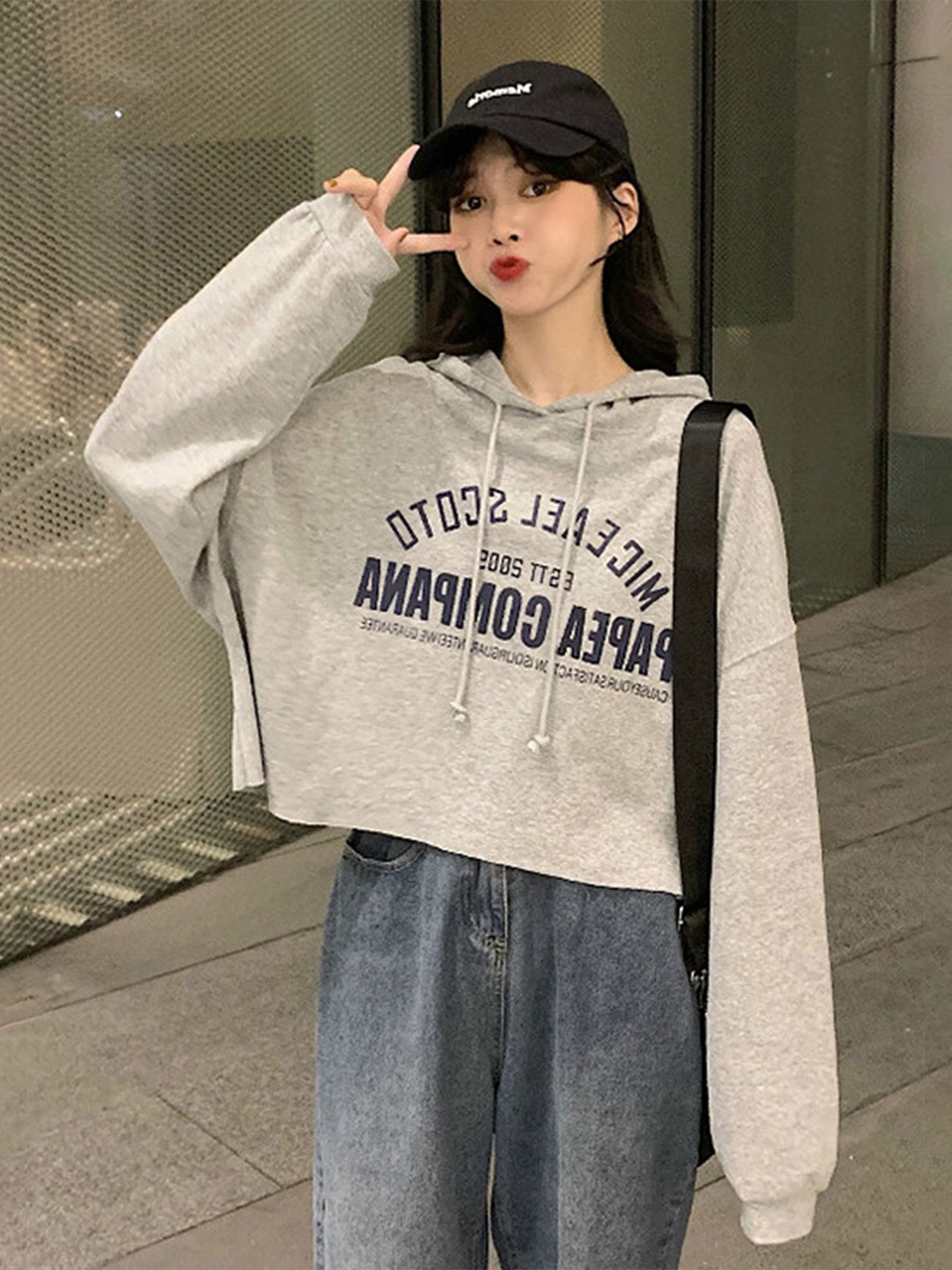 

LULU & SKY Women Typography Printed Hood Drop Shoulder Pullover Sweatshirt, Grey