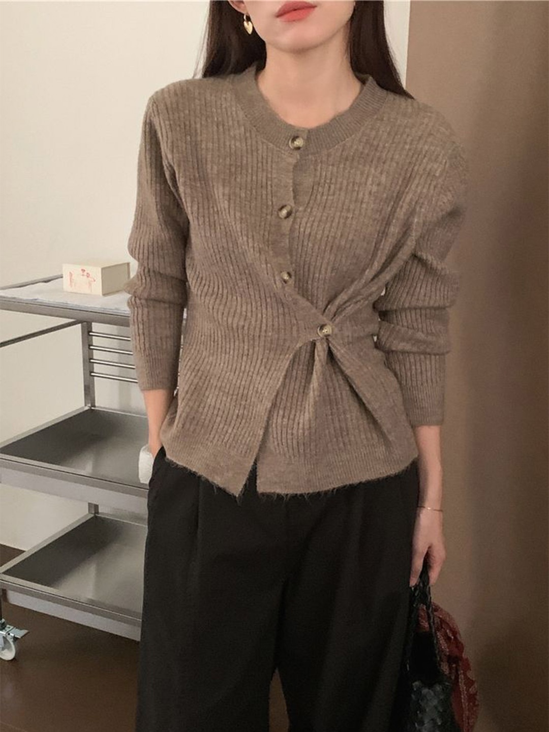 

LULU & SKY Women Ribbed Button-up Cardigan, Brown