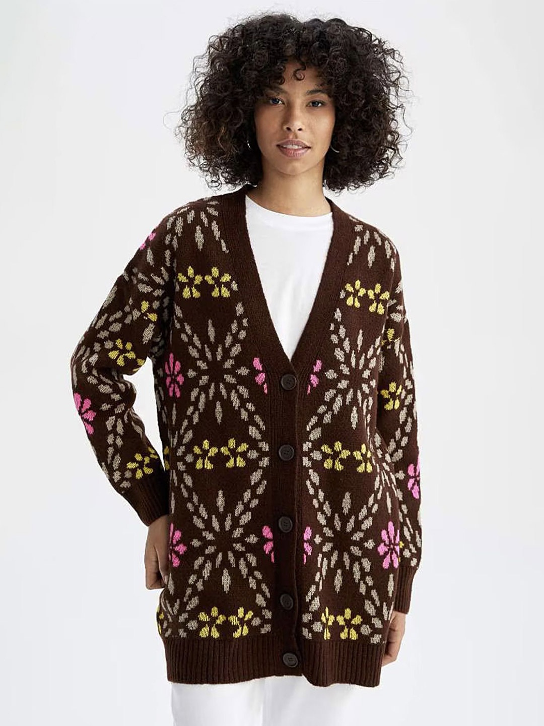 

LULU & SKY Women V-Neck Printed Cardigan, Brown