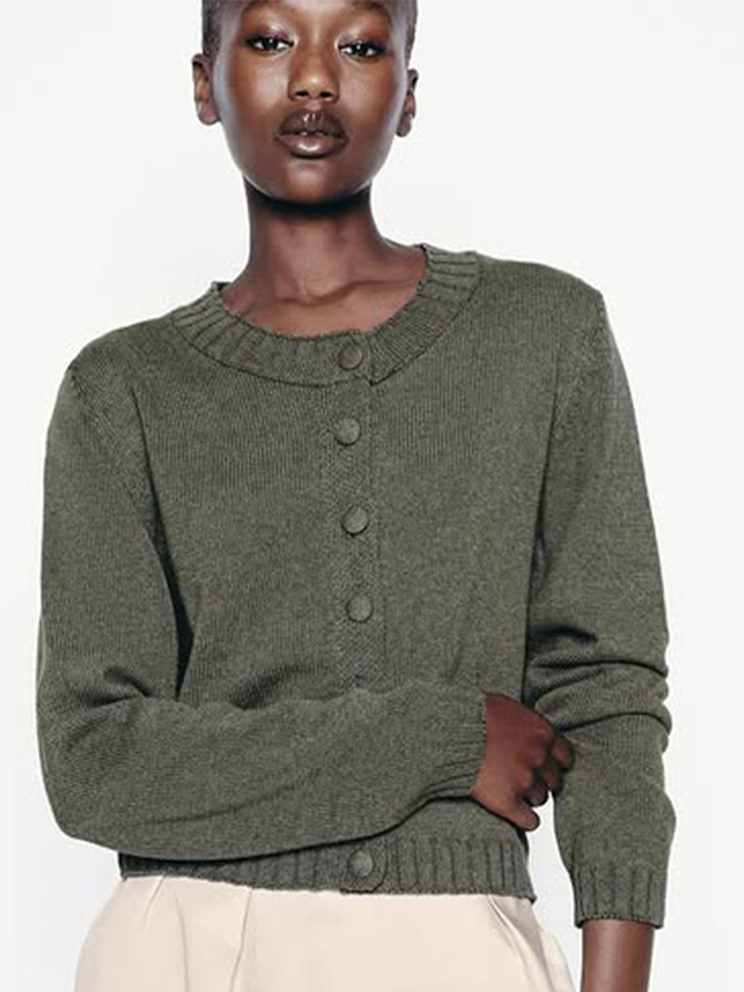 

LULU & SKY Women Round Neck Cardigan, Green