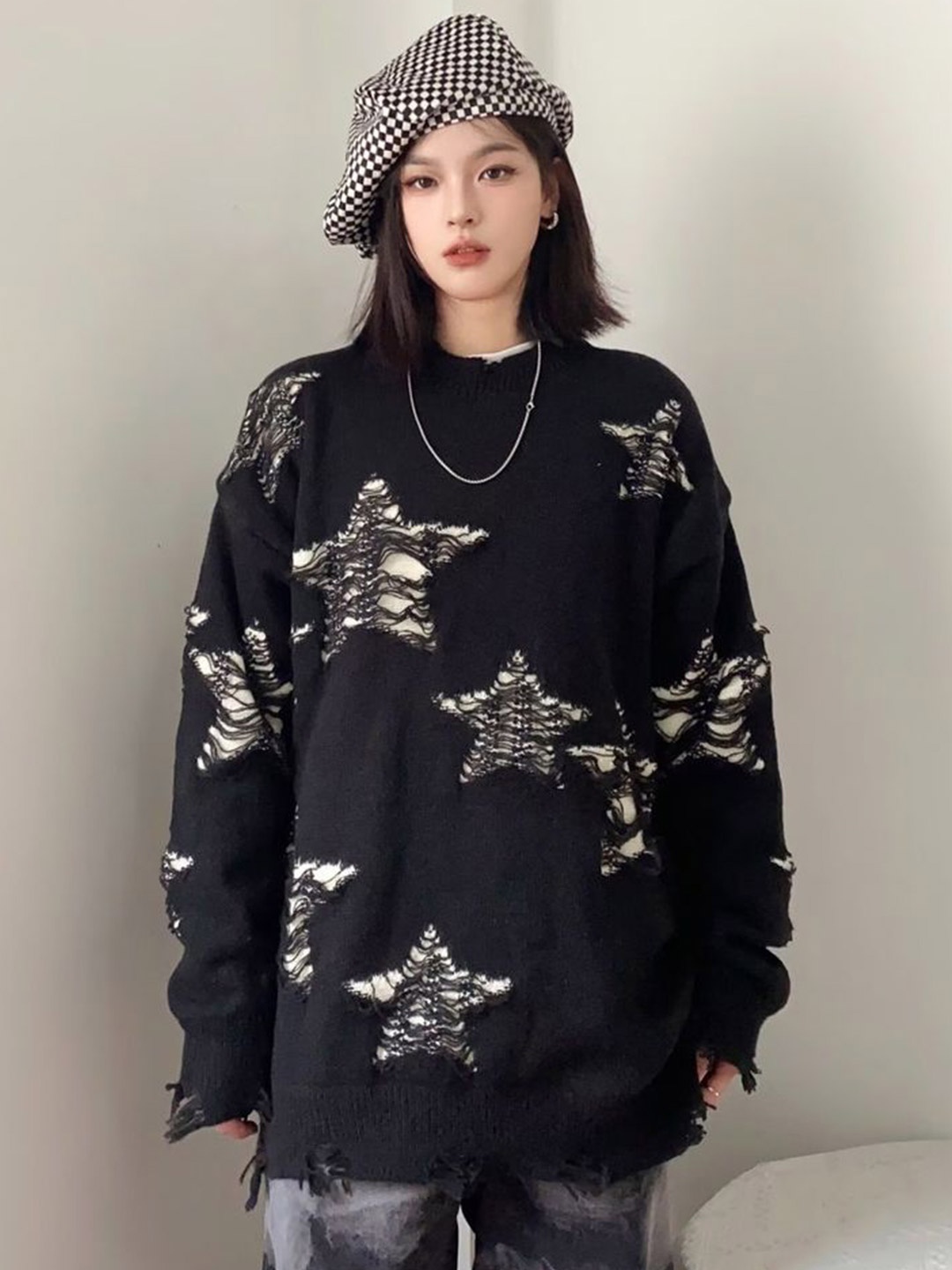 

LULU & SKY Women Distressed Oversized Pullover, Black