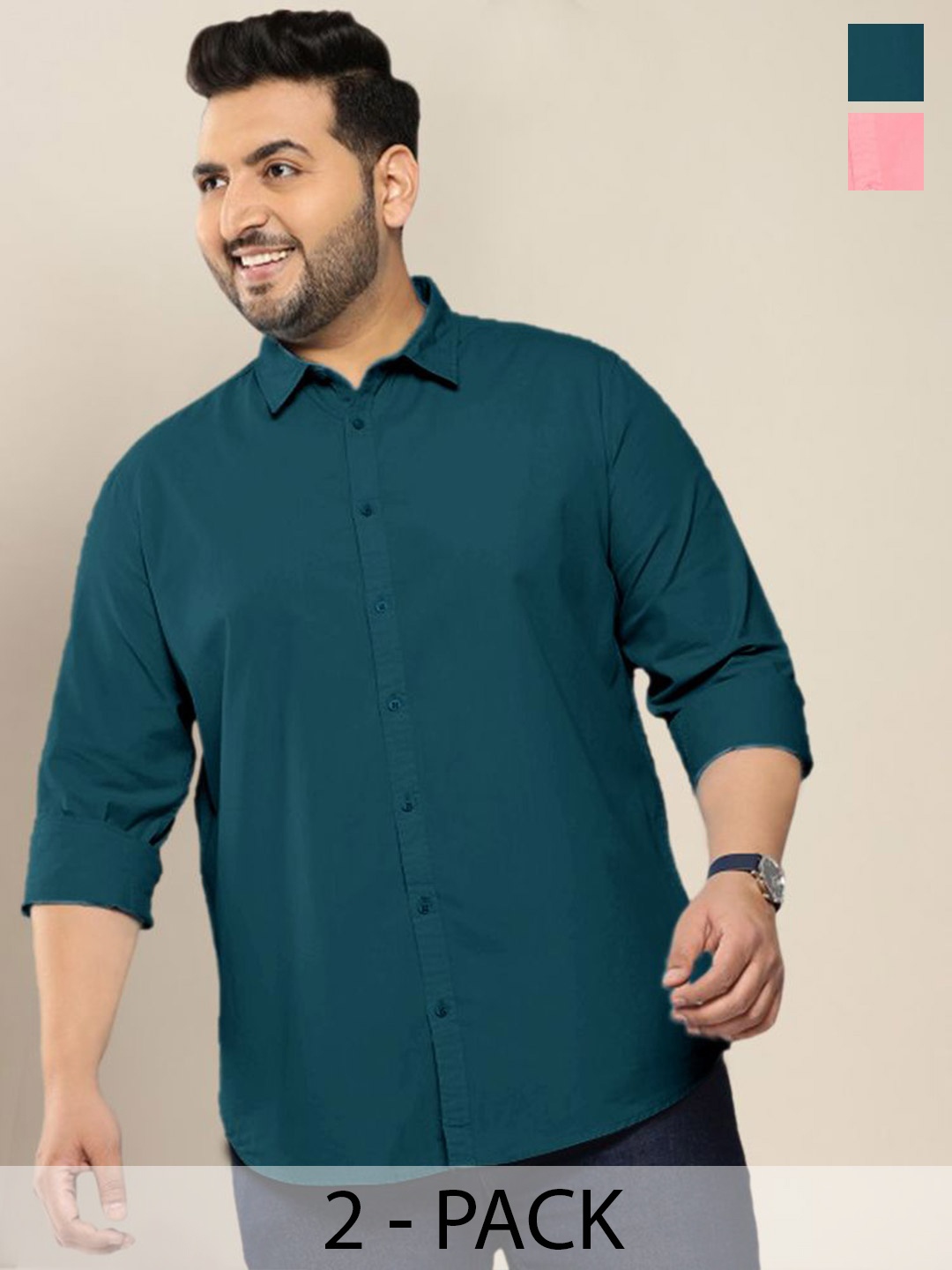 

ADWYN PETER Men Pack Of 2 Classic Spread Collar Solid Cotton Plus Size Casual Shirts, Teal