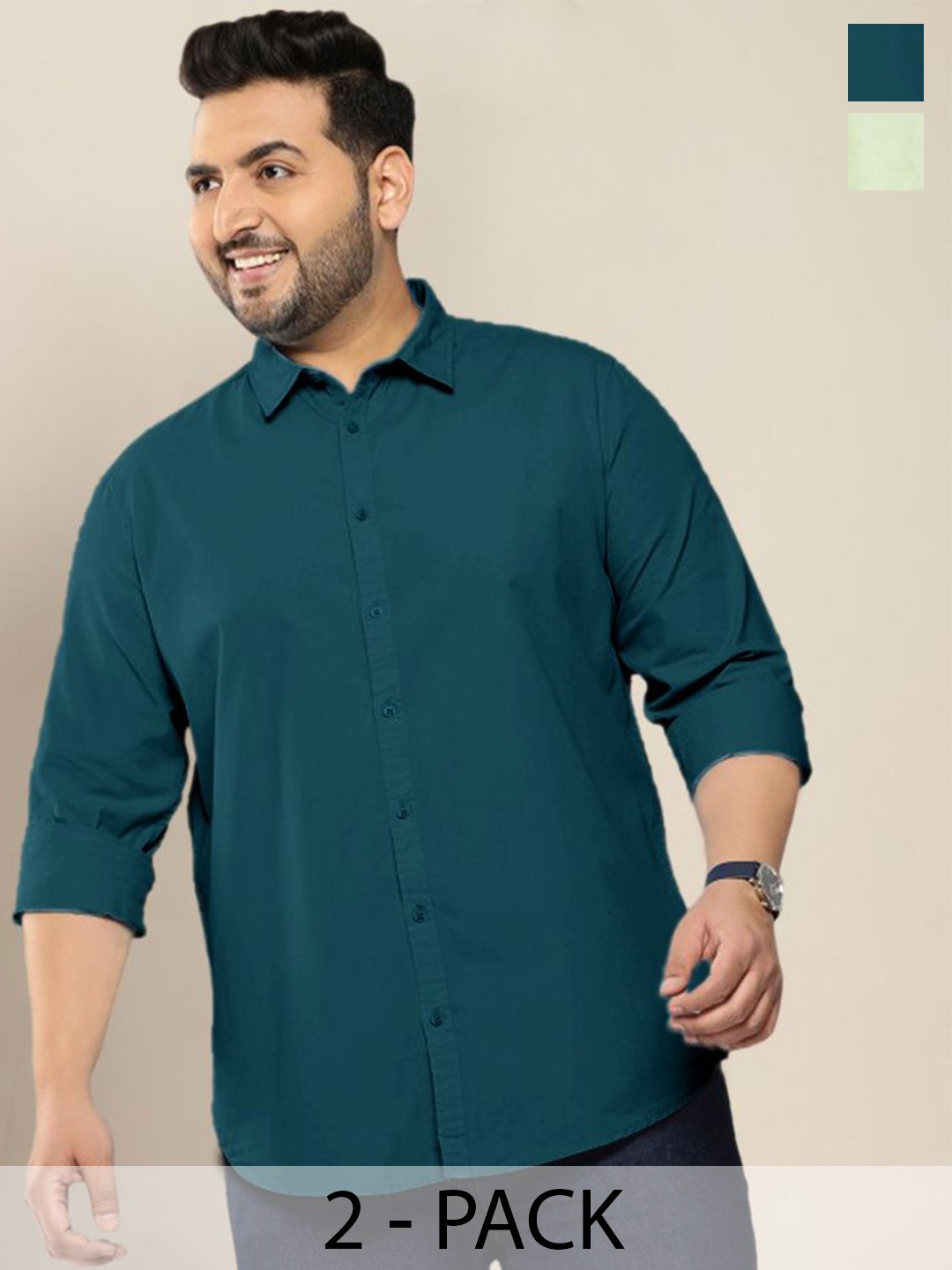 

ADWYN PETER Men Pack Of 2 Classic Spread Collar Solid Cotton Plus Size Casual Shirts, Teal
