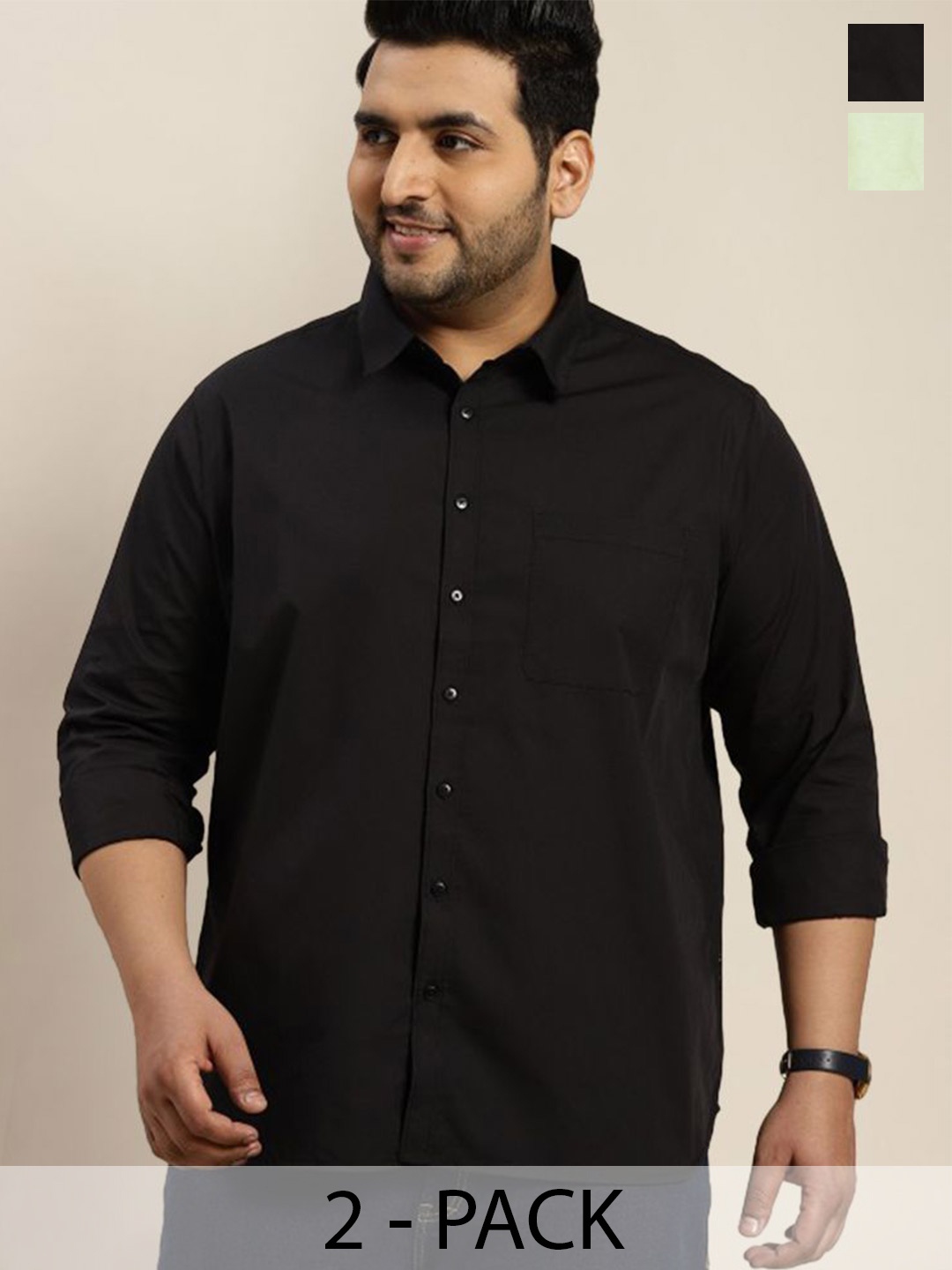 

ADWYN PETER Men Pack Of 2 Classic Spread Collar Solid Cotton Plus Size Casual Shirts, Olive
