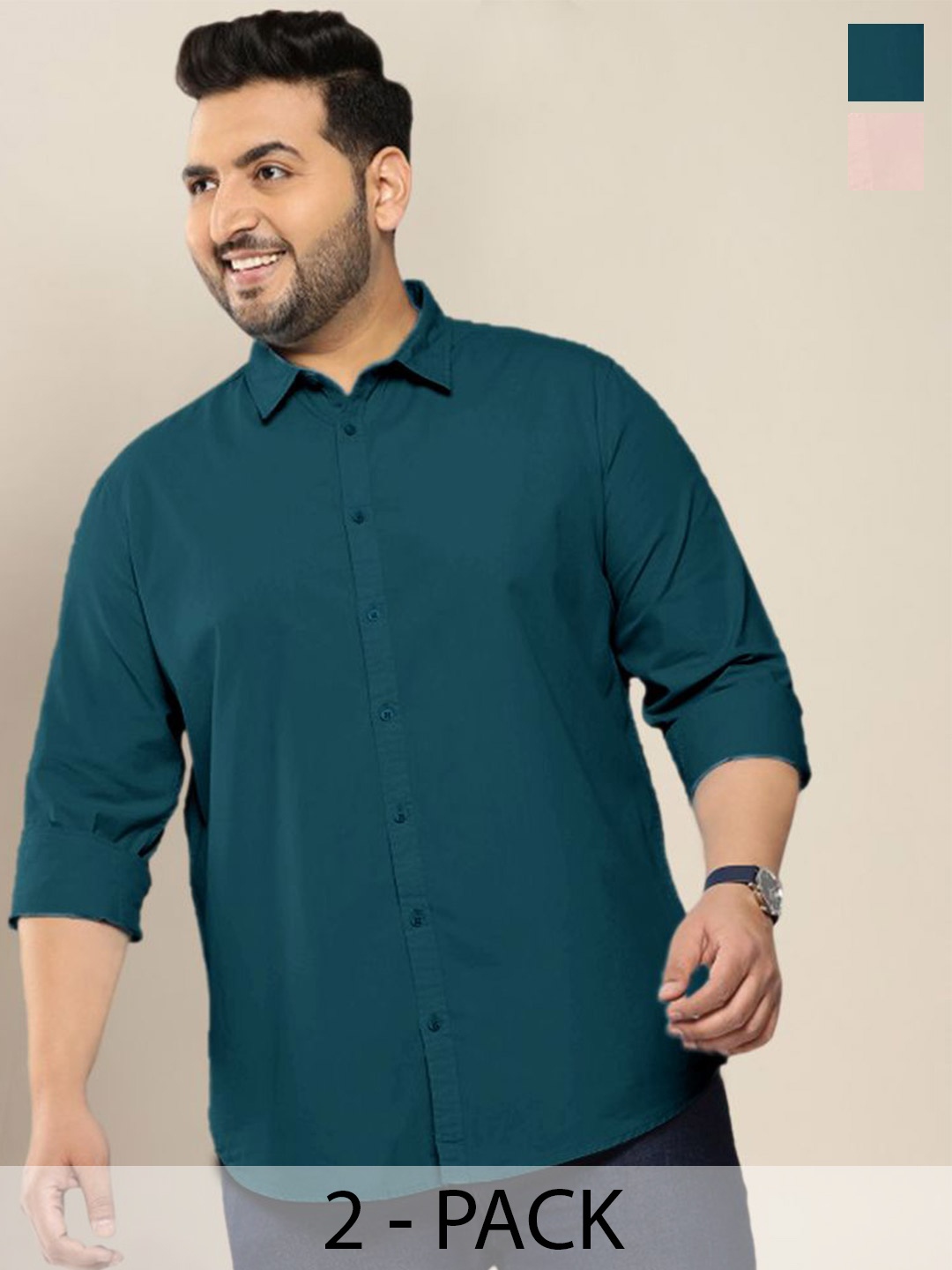 

ADWYN PETER Men Pack Of 2 Classic Spread Collar Solid Cotton Plus Size Casual Shirts, Teal