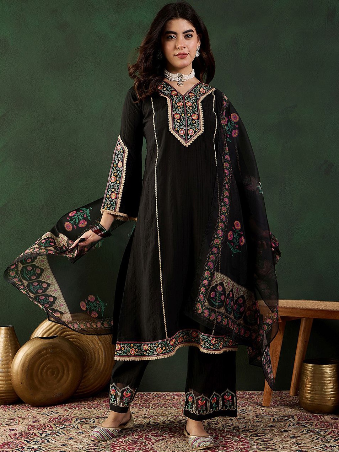 

Sangria Sequence Embroidered A-Line Kurta & Trousers With Dupatta, Black