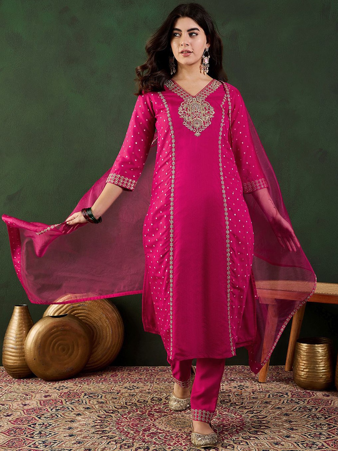 

Sangria Sequence Embroidered Kurta Pant With Dupatta, Pink