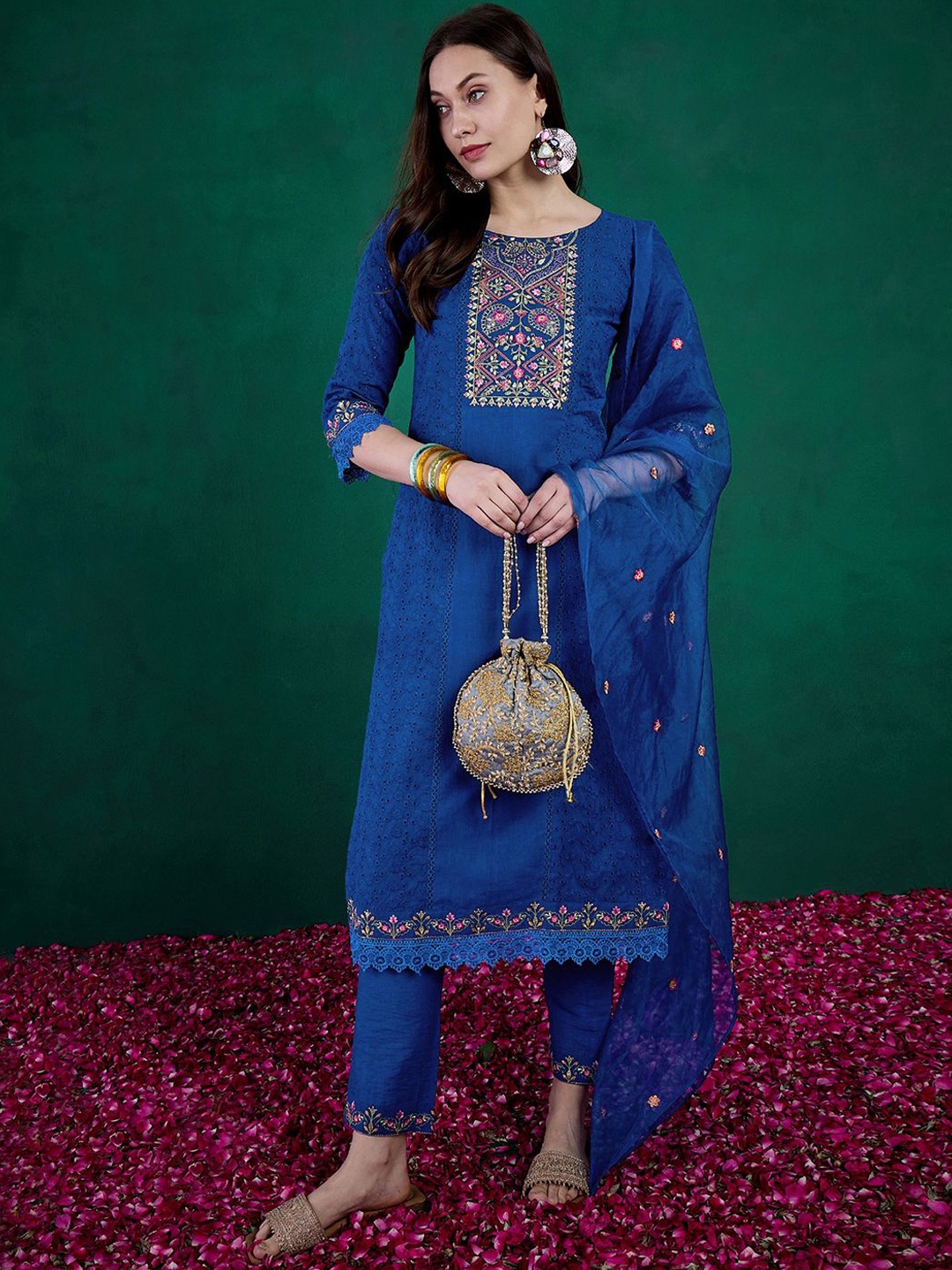 

Sangria Sequin Embroidered Straight Kurta & Trouser With Dupatta, Blue