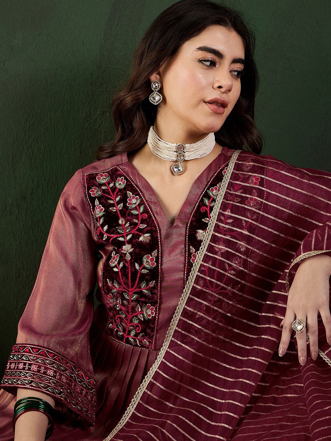 

Sangria Sequin Embroidered Shimmer A-Line Kurta & Trouser With Dupatta, Maroon