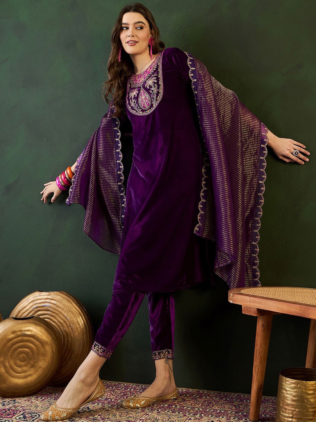 

Sangria Velvet Embroidered Kurta & Trousers with Dupatta, Purple