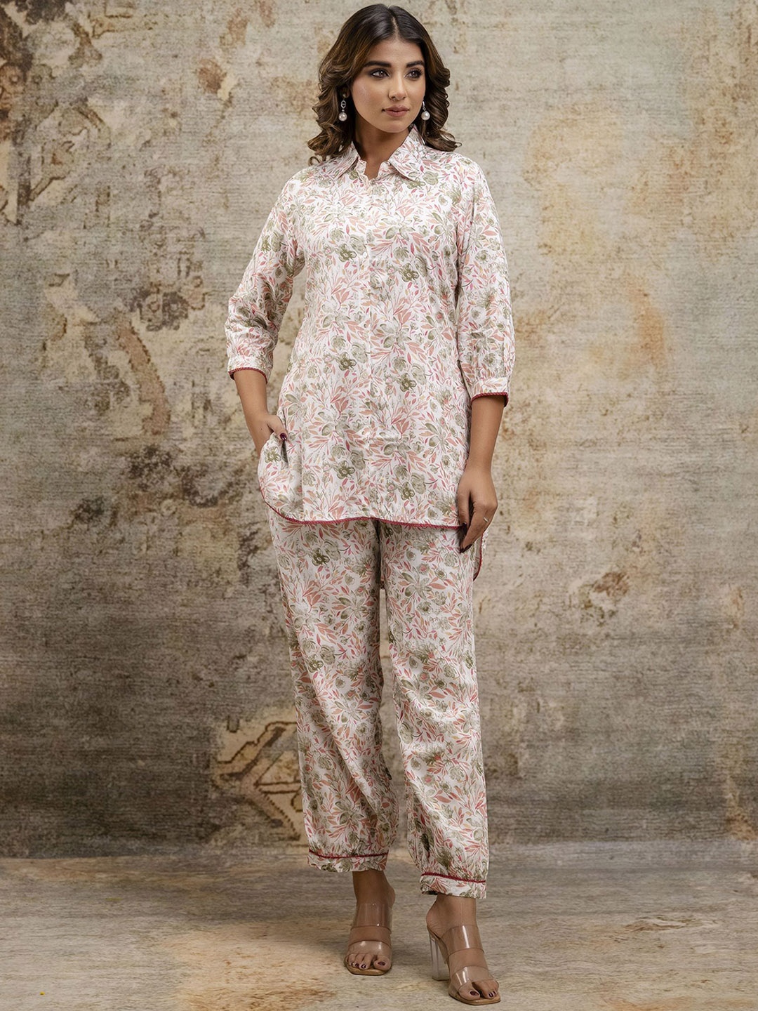 

mokshi Printed Shirt With Trousers Co-Ords, Beige
