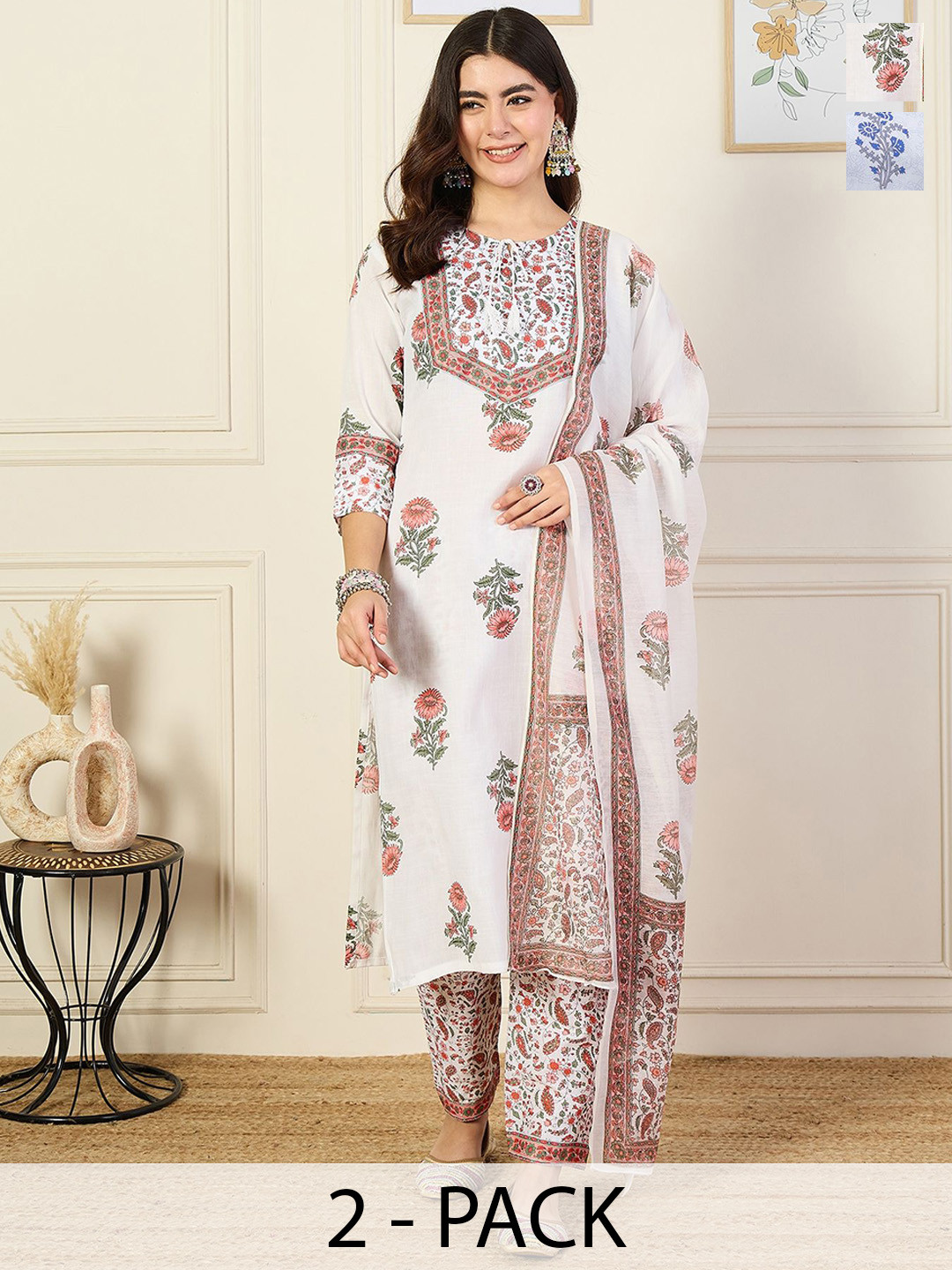 

KALINI Women Ethnic Motifs Printed Regular Kurta with Trousers & With Dupatta, White