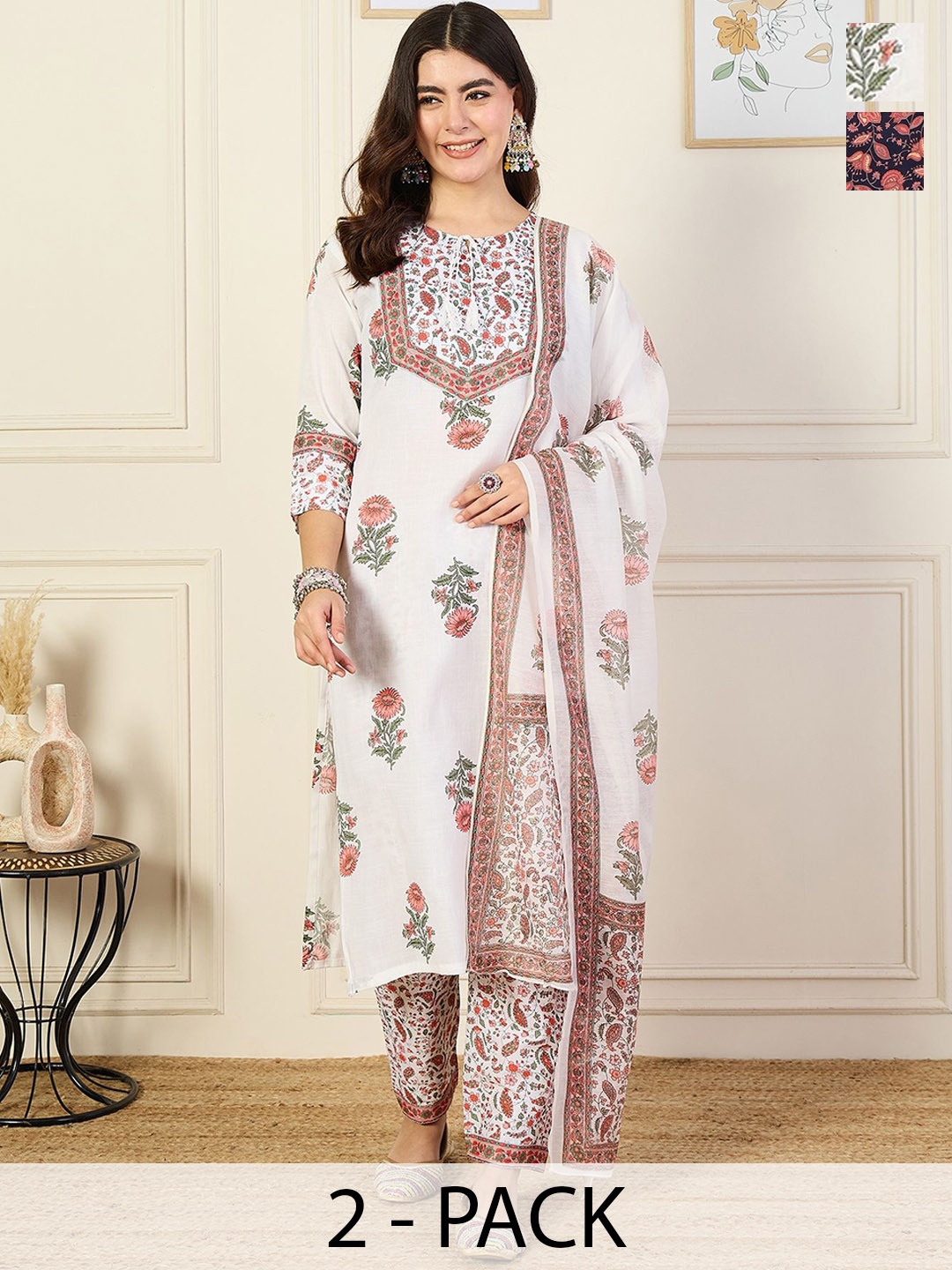 

KALINI Women Ethnic Motifs Printed Regular Kurta with Trousers & With Dupatta, White