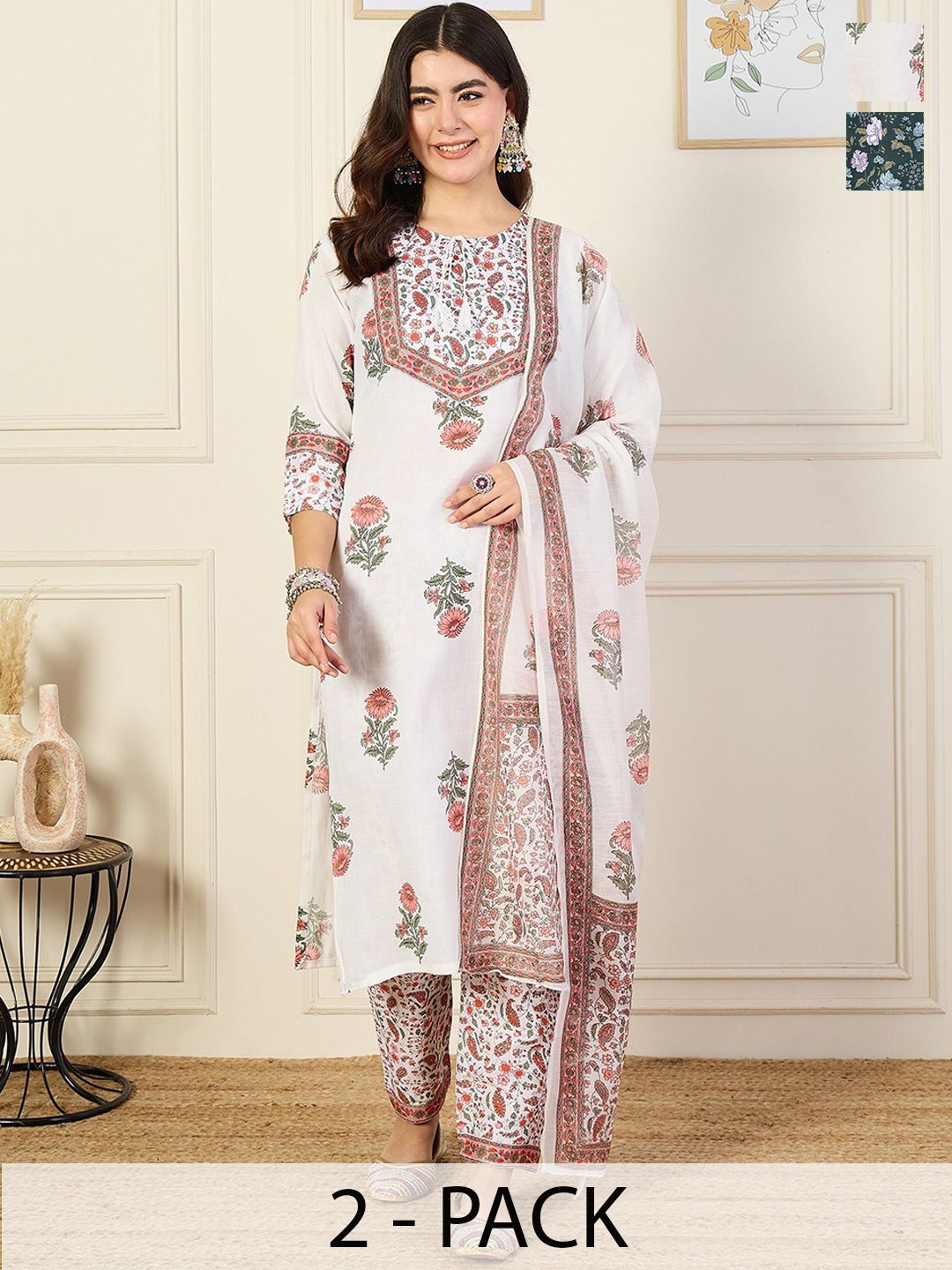 

KALINI Women Floral Printed Regular Kurta with Trousers & With Dupatta, White