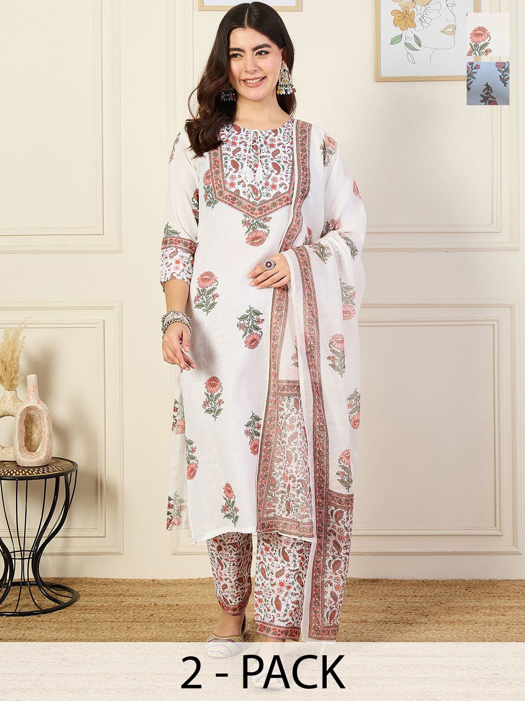 

KALINI Women Ethnic Motifs Printed Regular Kurta with Trousers & With Dupatta, White