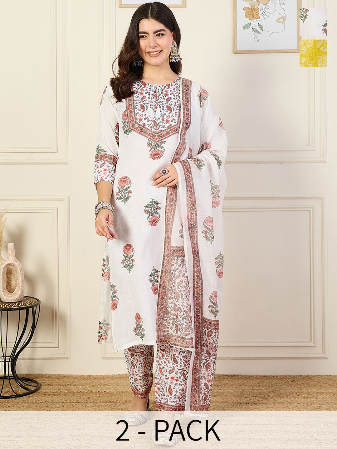 

KALINI Women Ethnic Motifs Printed Regular Kurta with Trousers & With Dupatta, White