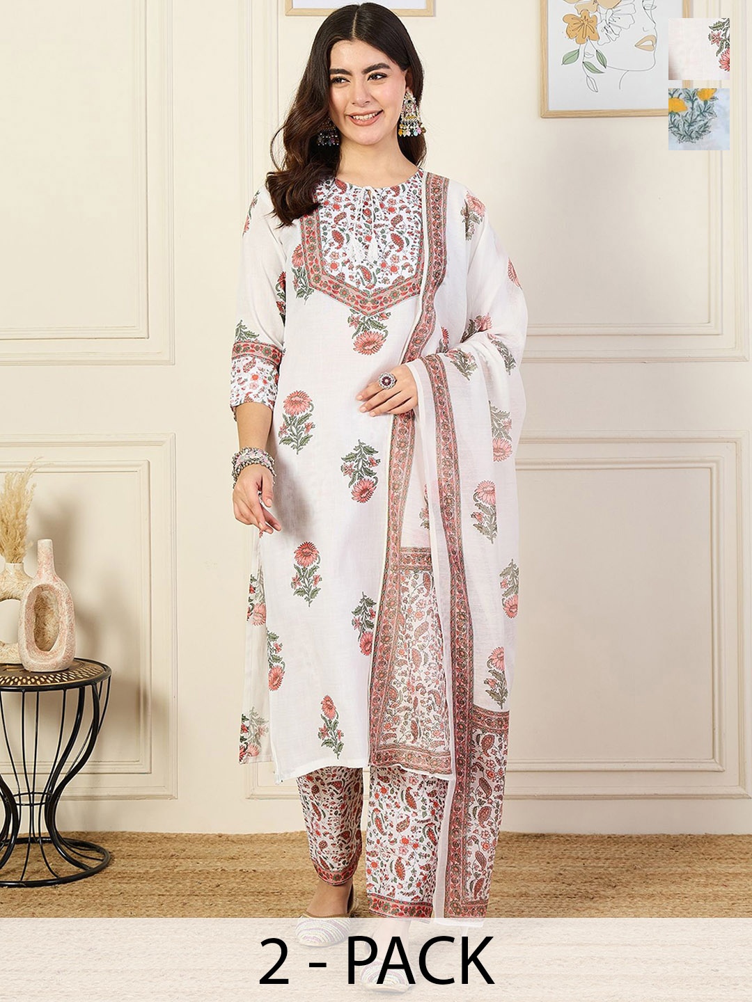 

KALINI Women Ethnic Motifs Printed Regular Kurta with Trousers & With Dupatta, White