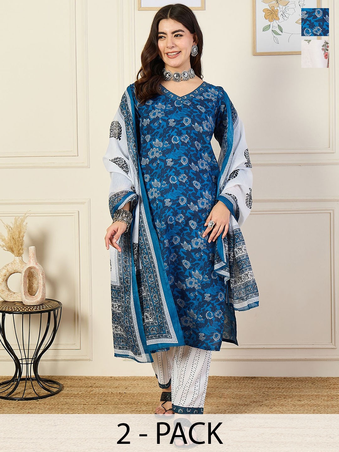 

KALINI Women Floral Printed Regular Kurta with Trousers & With Dupatta, White