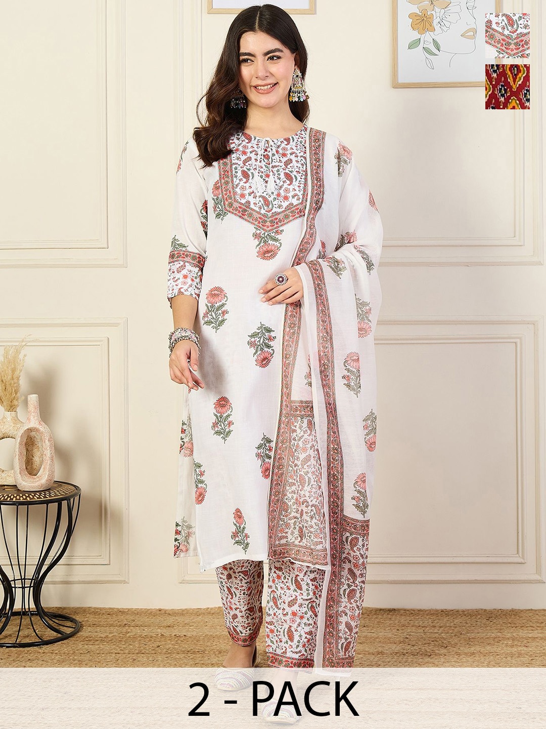 

KALINI Women Ethnic Motifs Printed Regular Kurta with Trousers & With Dupatta, White