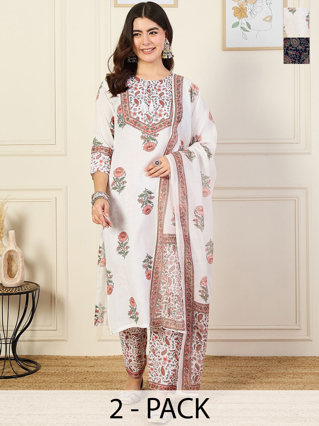 

KALINI Women Ethnic Motifs Printed Regular Kurta with Trousers & With Dupatta, White