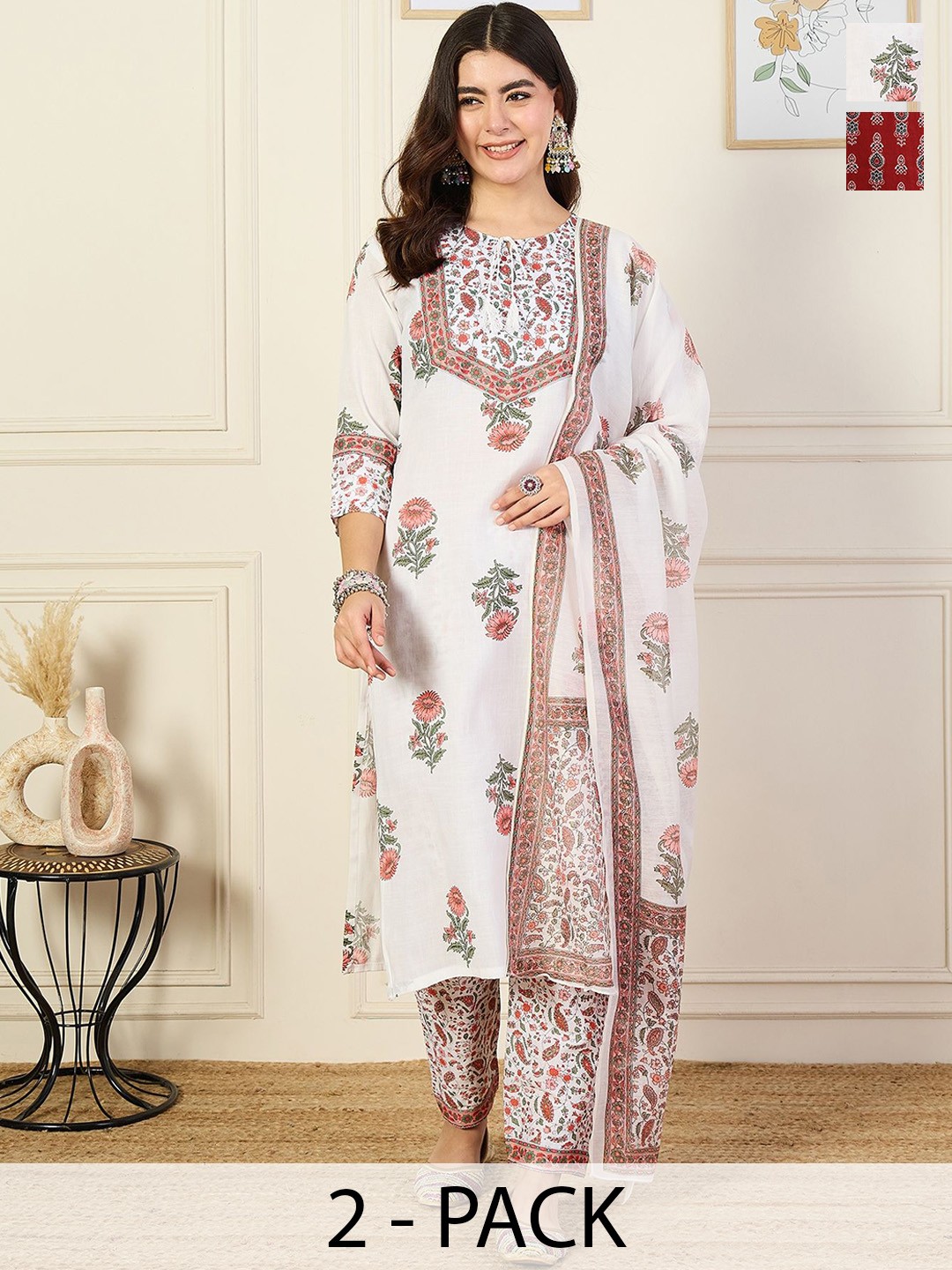 

KALINI Women Ethnic Motifs Printed Regular Kurta with Trousers & With Dupatta, White