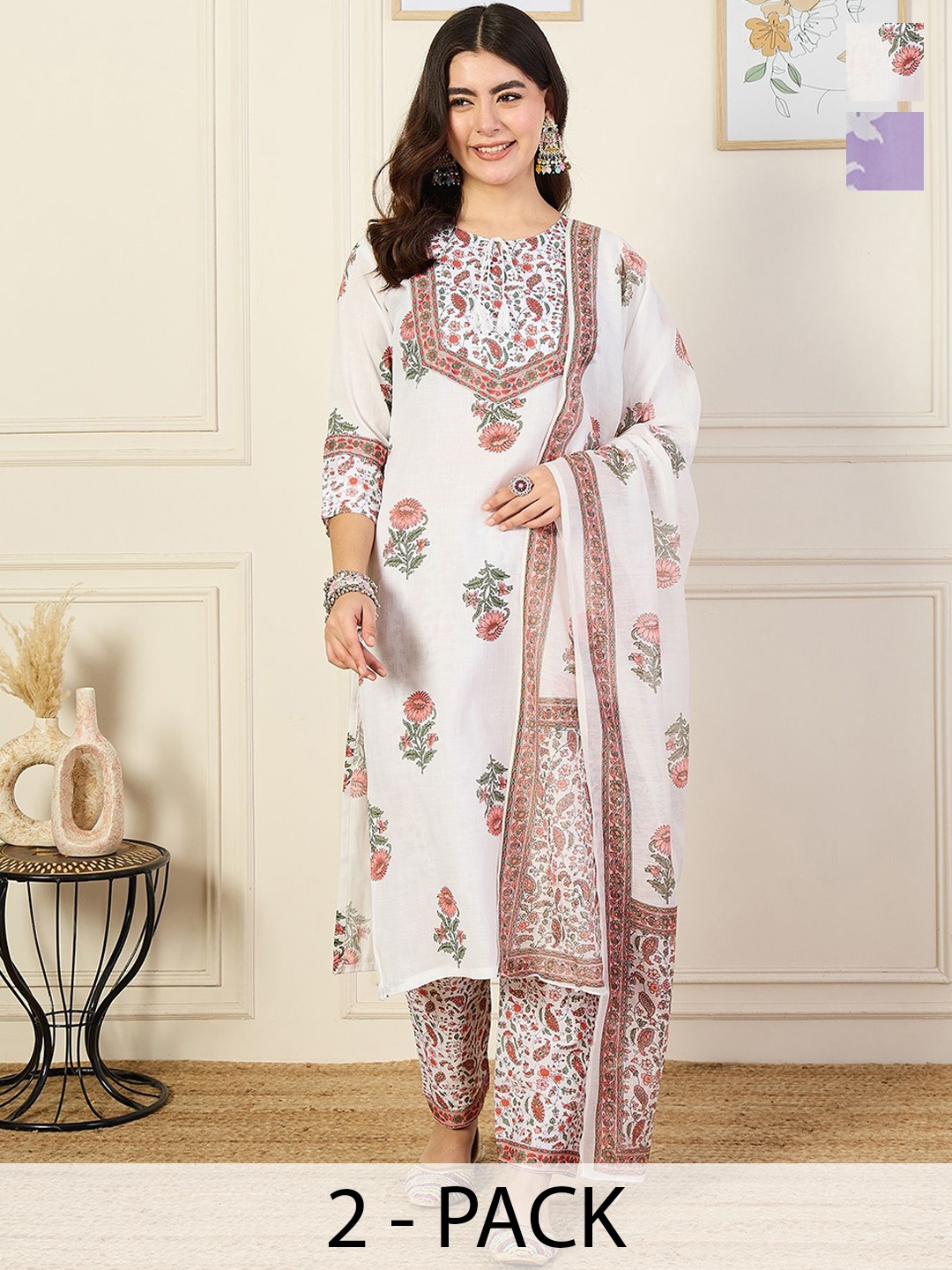 

KALINI Women Floral Printed Regular Kurta with Trousers & With Dupatta, White