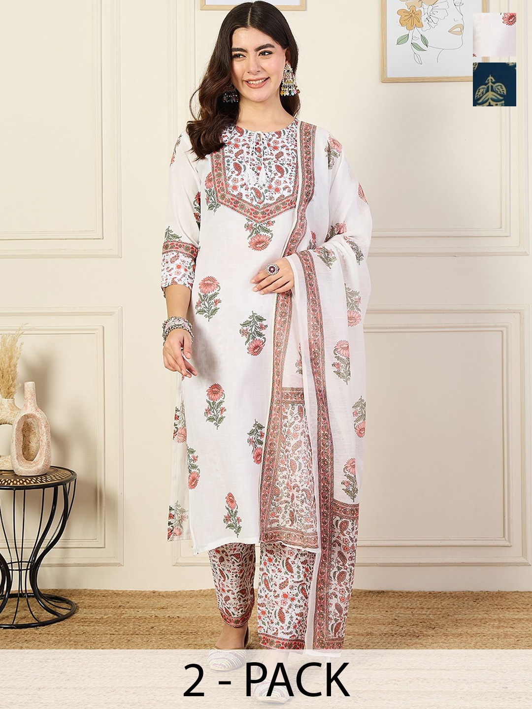 

KALINI Women Ethnic Motifs Printed Regular Kurta with Trousers & With Dupatta, White