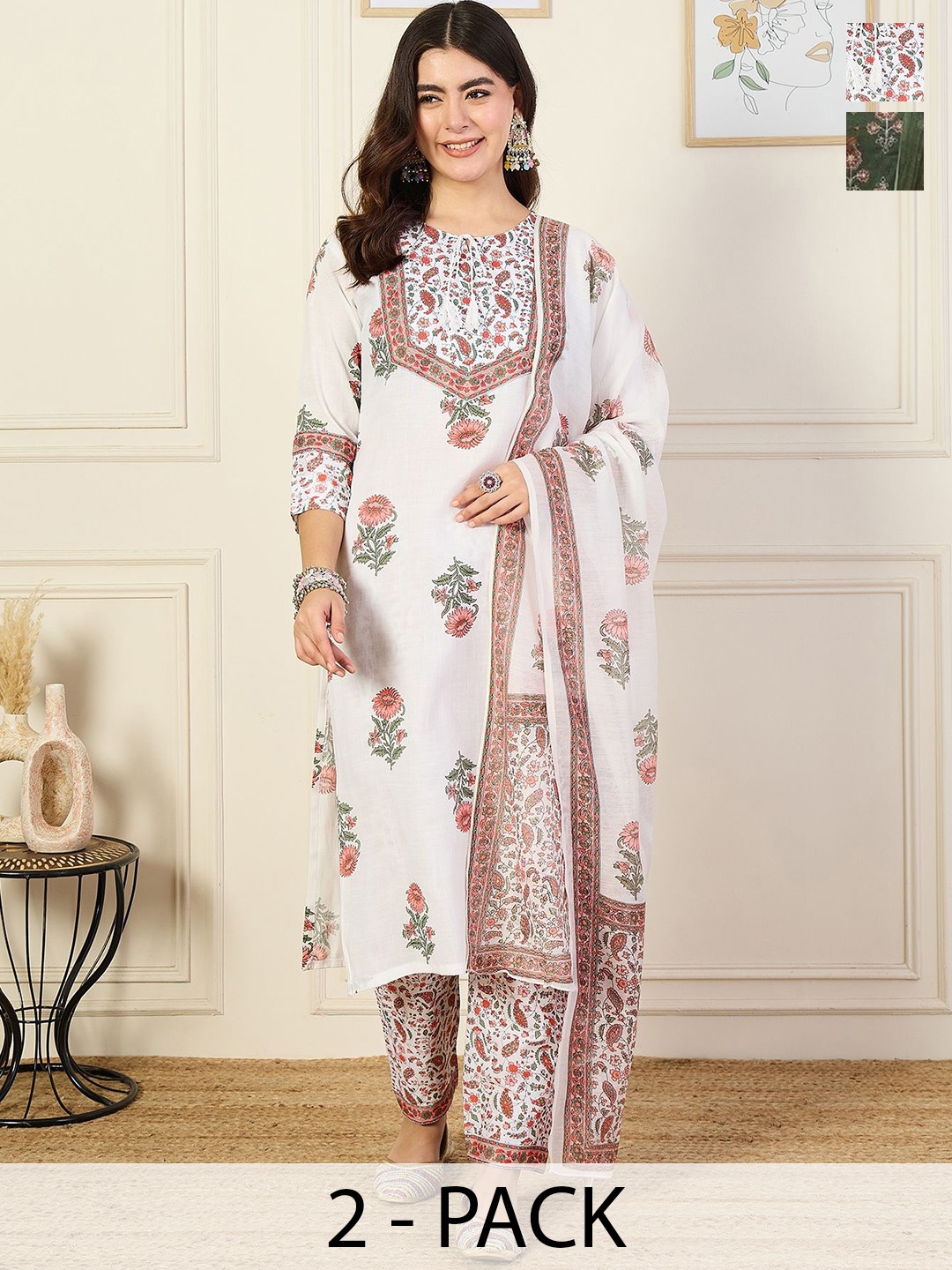 

KALINI Women Ethnic Motifs Printed Regular Kurta with Trousers & With Dupatta, White