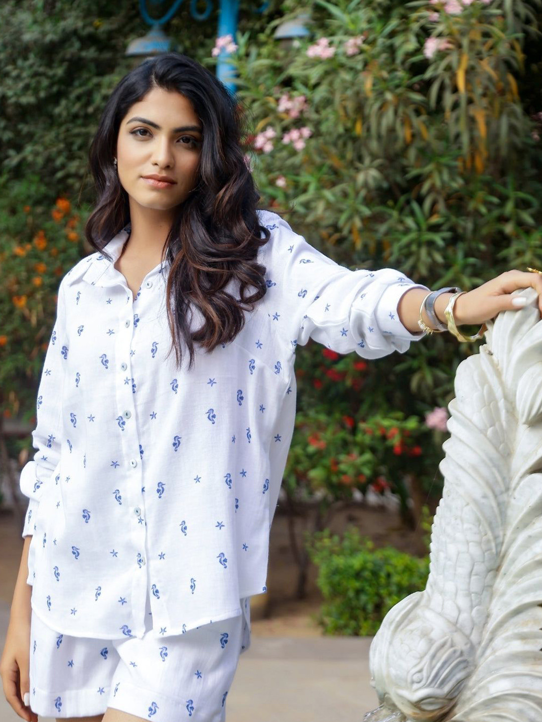 

Gulaal Women Comfort Spread Collar Conversational Printed Cotton Casual Shirt, White