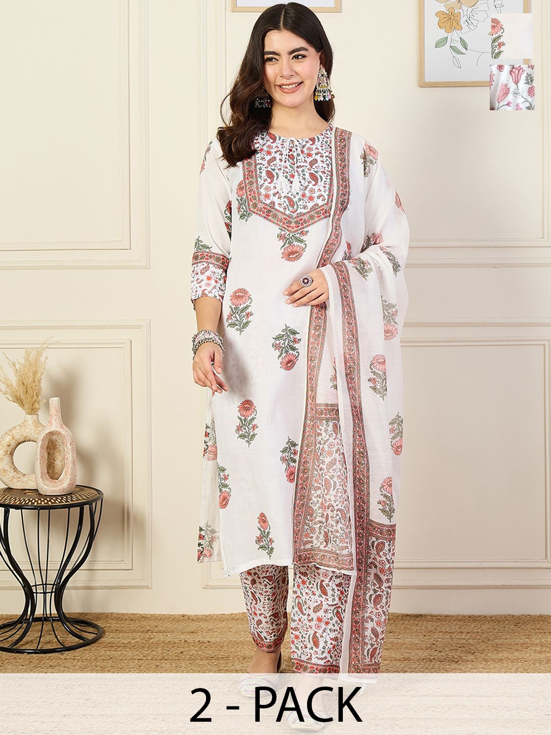 

KALINI Women Floral Printed Regular Kurta with Trousers & With Dupatta, White