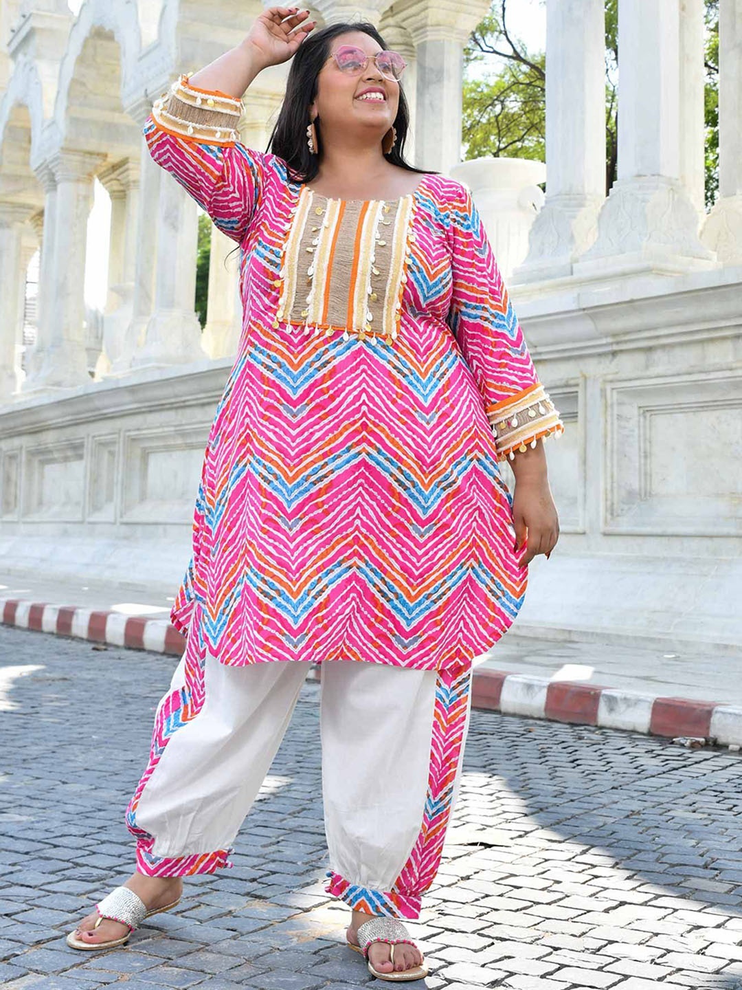 

The Plus Size Store by Meera Creations Printed Pure Cotton Tunic With Trousers Co-Ords, Pink