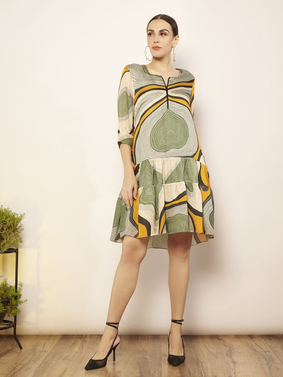 

Babita M Women Abstract PrintedTiered A-Line Dress with zipper, Yellow