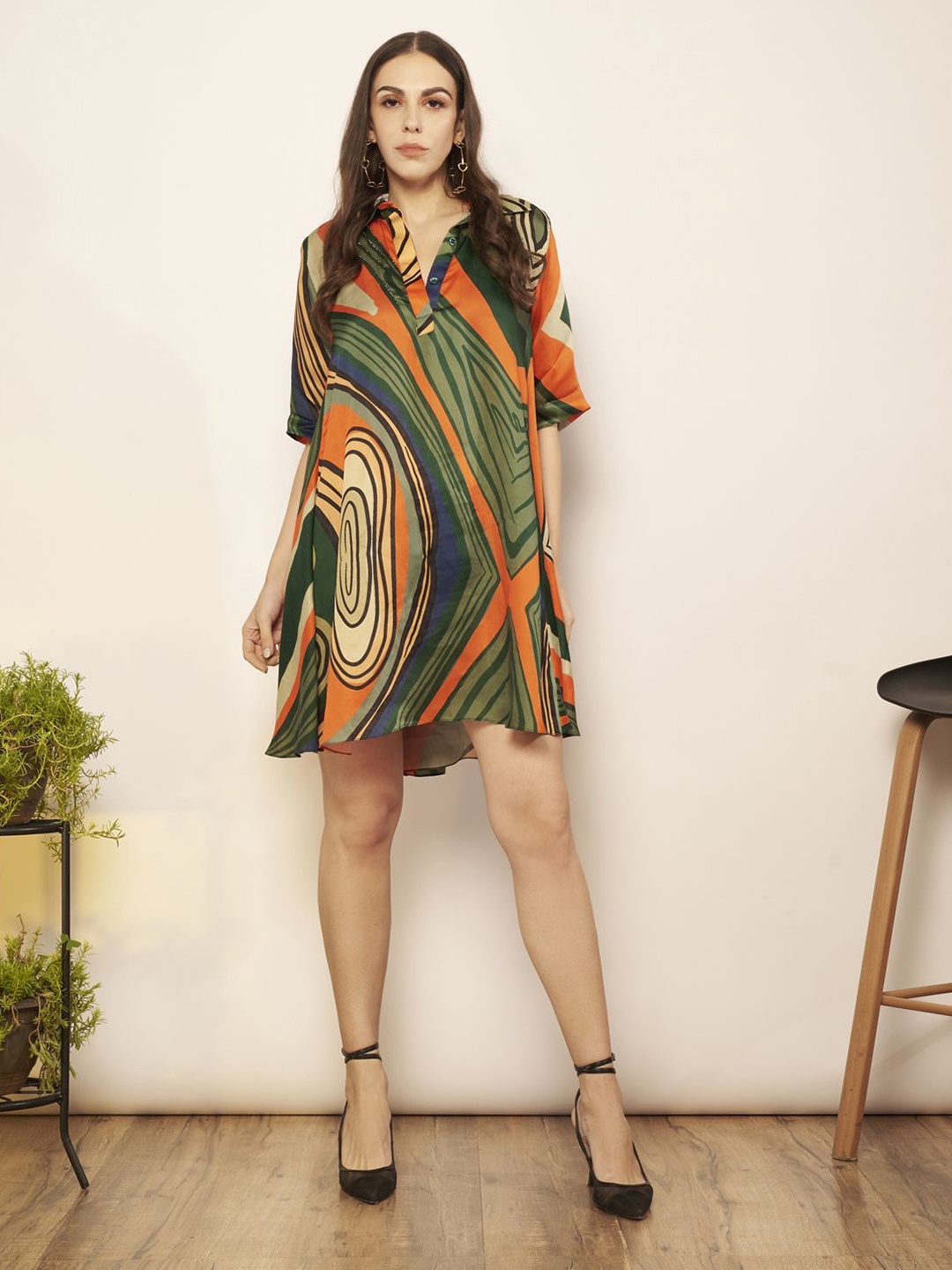 

Babita M Shirt Collar Printed Satin A-Line Dress, Green