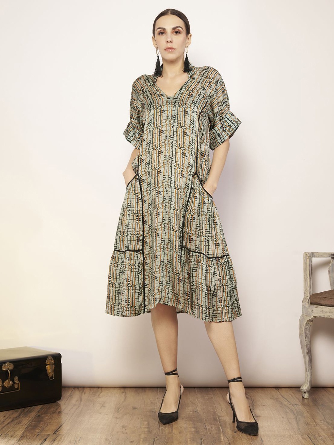 

Babita M Printed Satin A-Line Midi Dress, Green