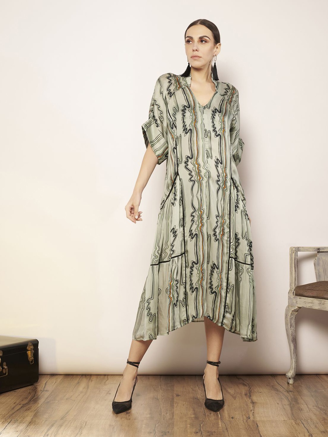 

Babita M Women Satin A-Line Midi Dress, Green