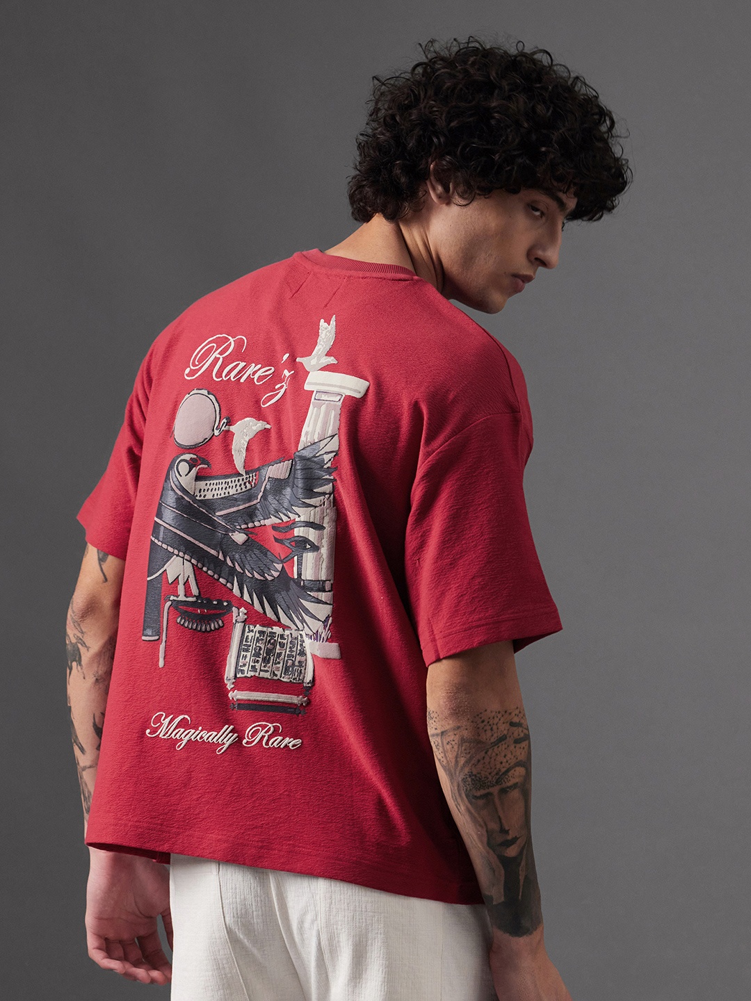 

RARE RABBIT Men Graphic Printed Round Neck Cotton Oversized T-shirt, Red
