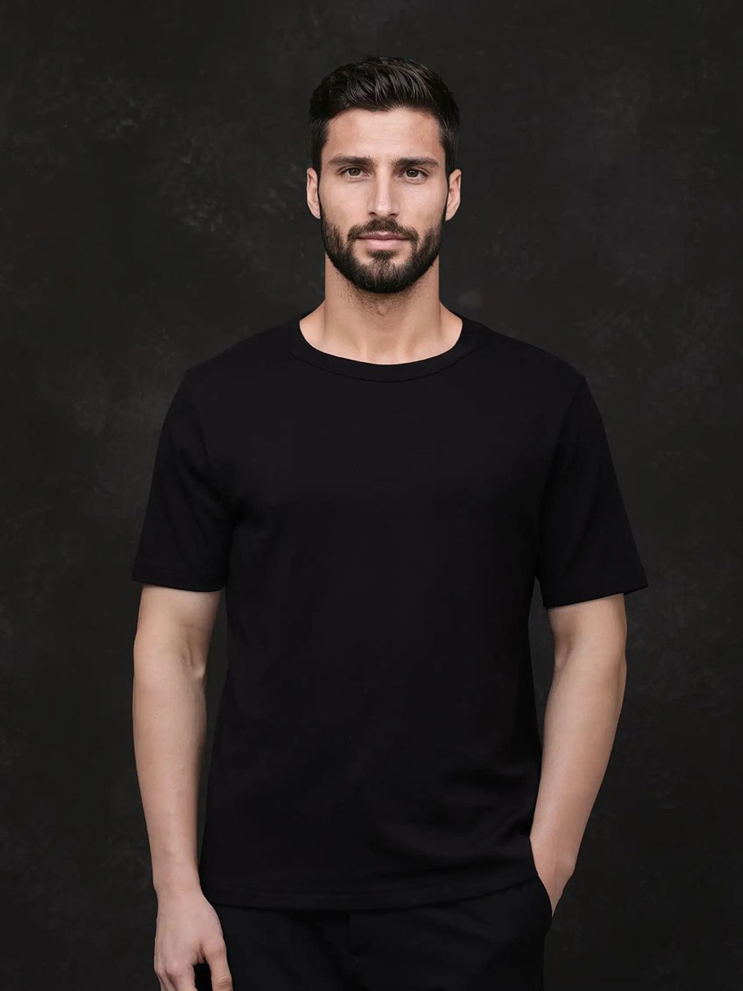 

RARE RABBIT Men Printed Raw Edge T-shirt, Black