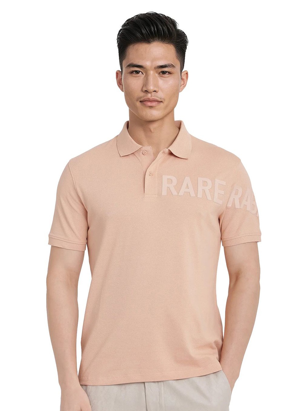 

RARE RABBIT Men Typography Printed Polo Collar Cotton T-shirt, Peach