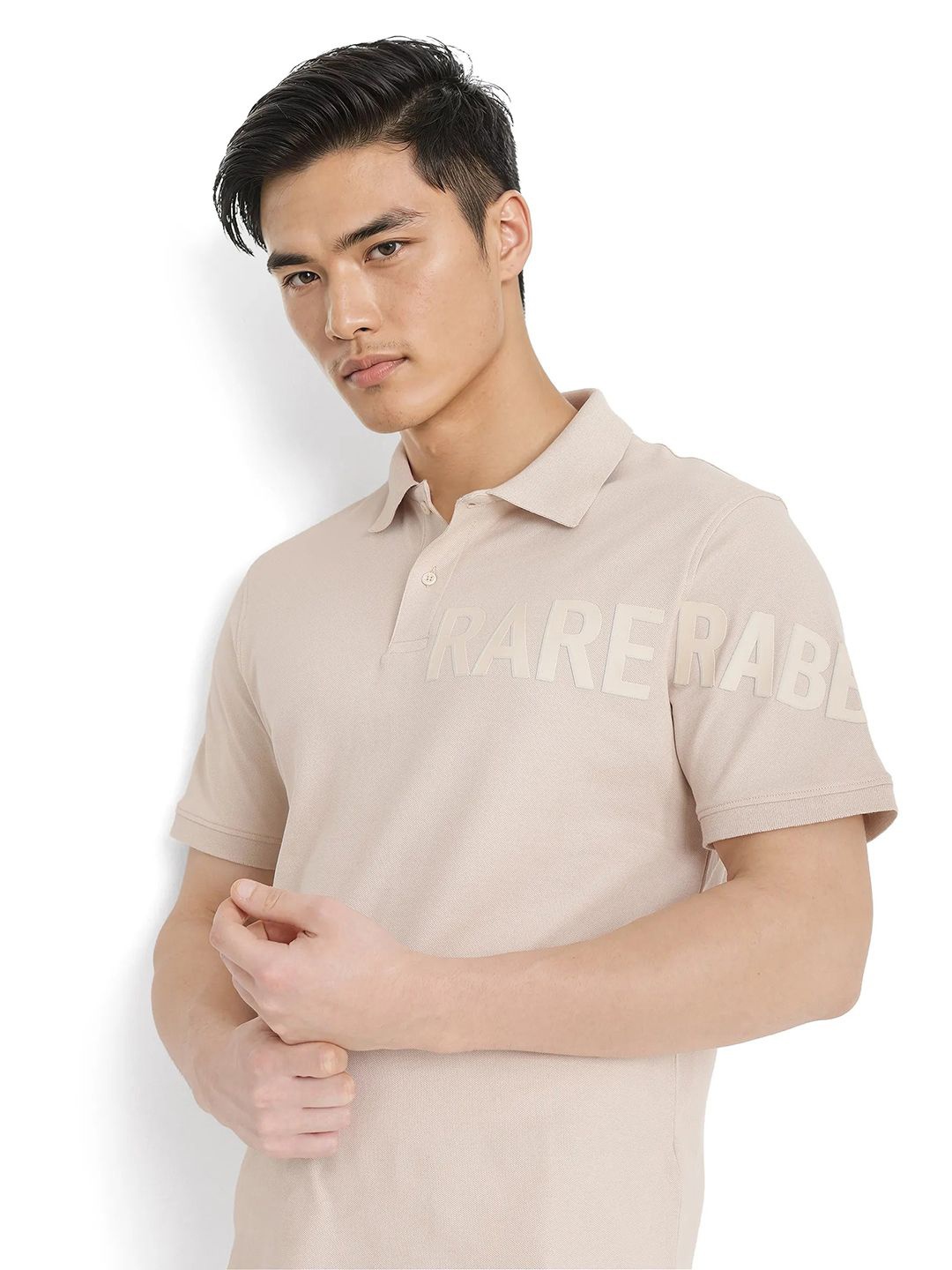 

RARE RABBIT Men Typography Printed Polo Collar Cotton T-shirt, Beige