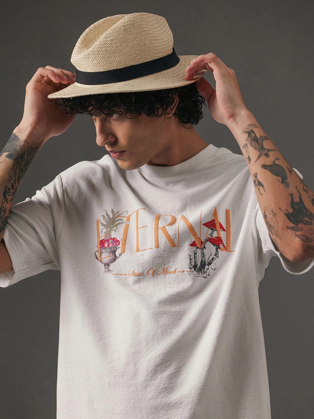 

RARE RABBIT Men Typography Printed Round Neck Cotton Oversized T-shirt, White