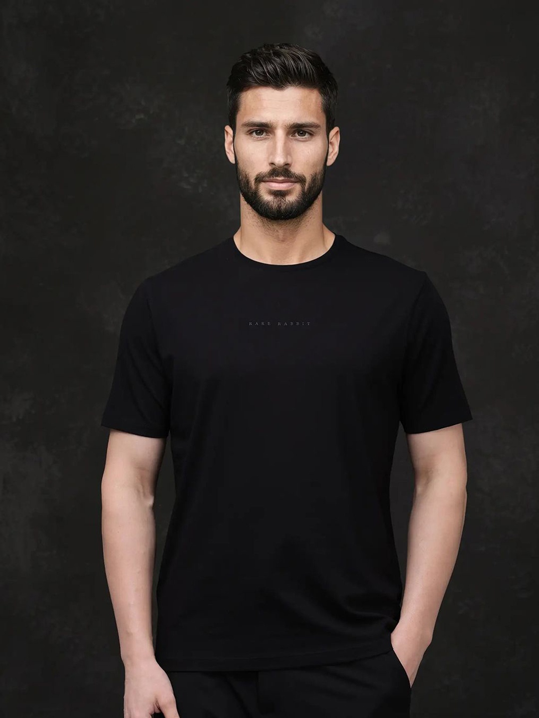 

RARE RABBIT Men Solid Round Neck Cotton T-shirt, Black