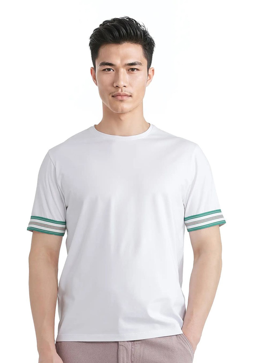 

RARE RABBIT Men Striped Round Neck Cotton T-shirt, White