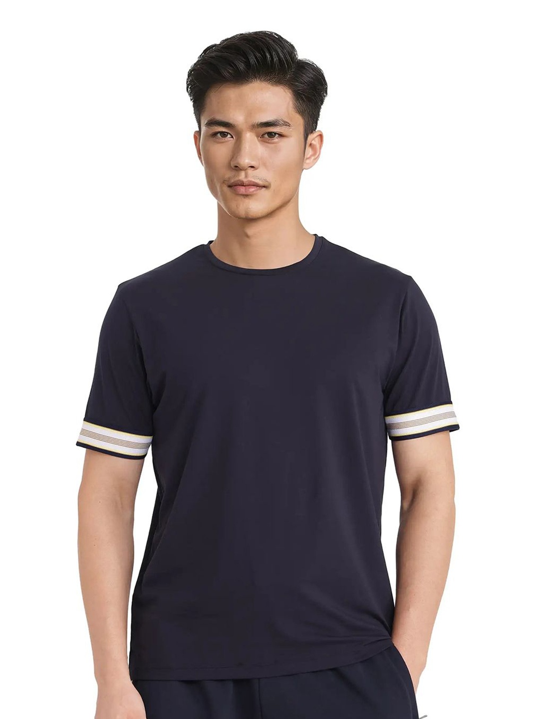 

RARE RABBIT Men Solid Round Neck Cotton T-shirt, Navy blue